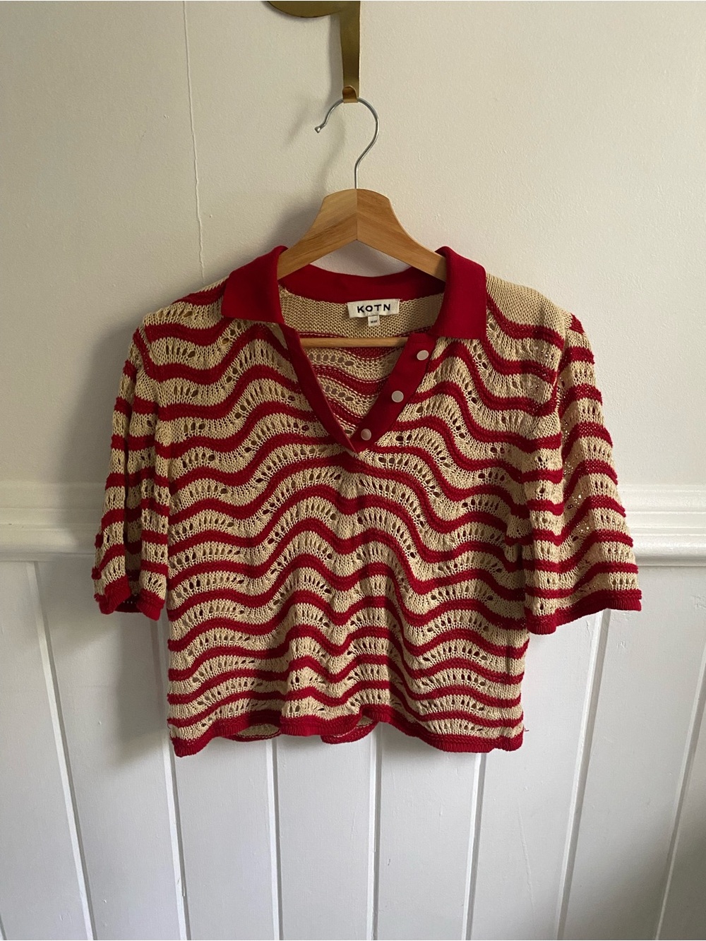 KOTN Red & Cream Open-Knit Wave Stripe Top